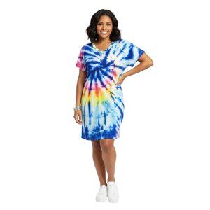 Jenize Tie Dye Colorful Hippie Boho Short Sleeve V-Neck Dress Loungewear